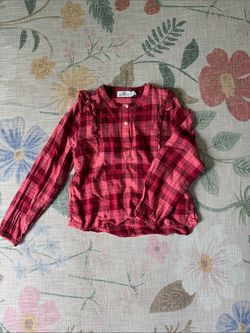 Vineyard Vines Girls' Plaid Ruffle-Trim Long-Sleeve Top